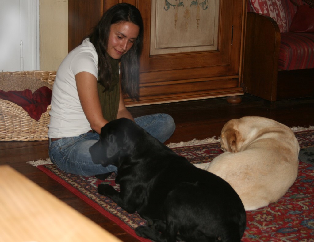 Umgebungstraining Hundetraining Wien. Hundetrainerin Sandra Dorfner-Rösel ist bei einem Hausbesuch. Sie sitzt am Boden und ein heller und ein schwarzer Hund liegen neben ihr am Boden.