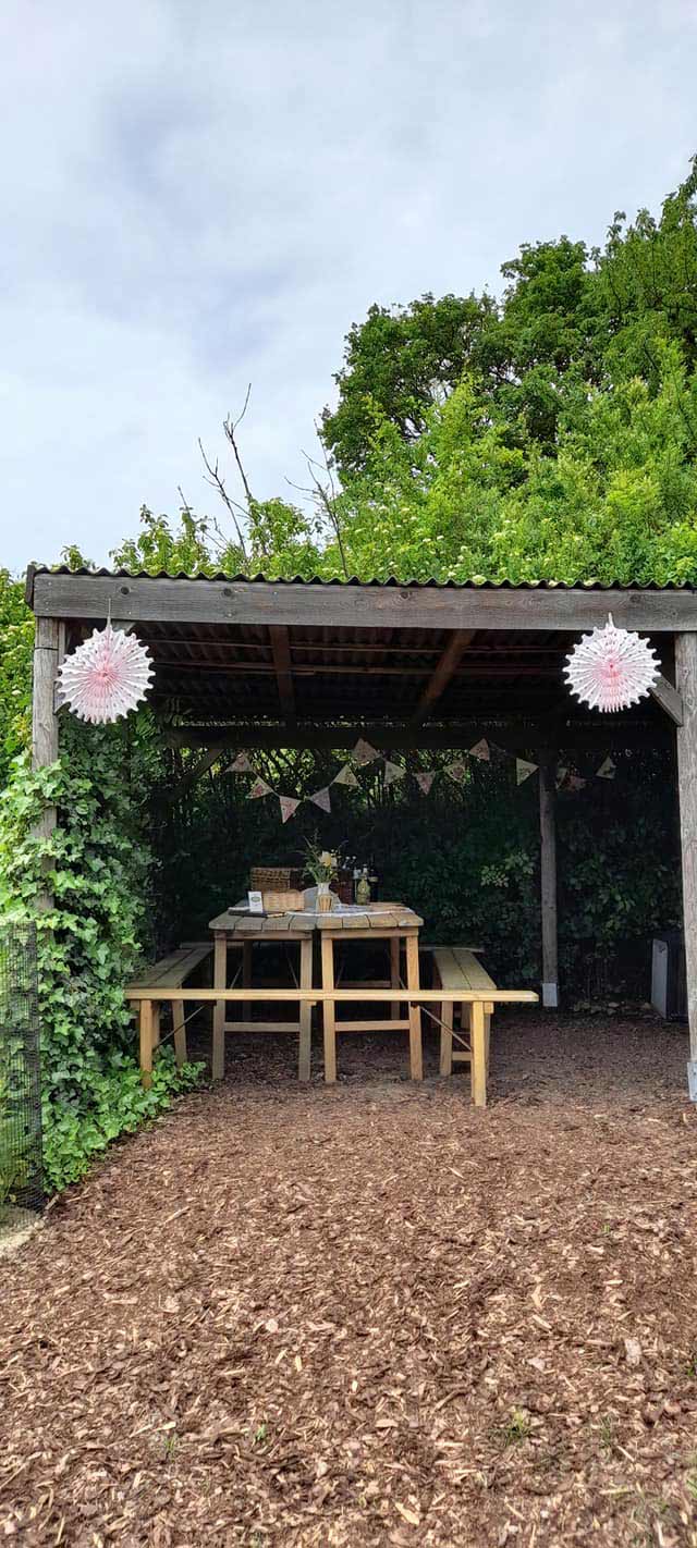 Unterstand-Erlebnis-Hundezone. Man sieht den Unterstand mit Sitzgelegenheiten am Hundetrainingsplatz in Bisamberg Korneuburg